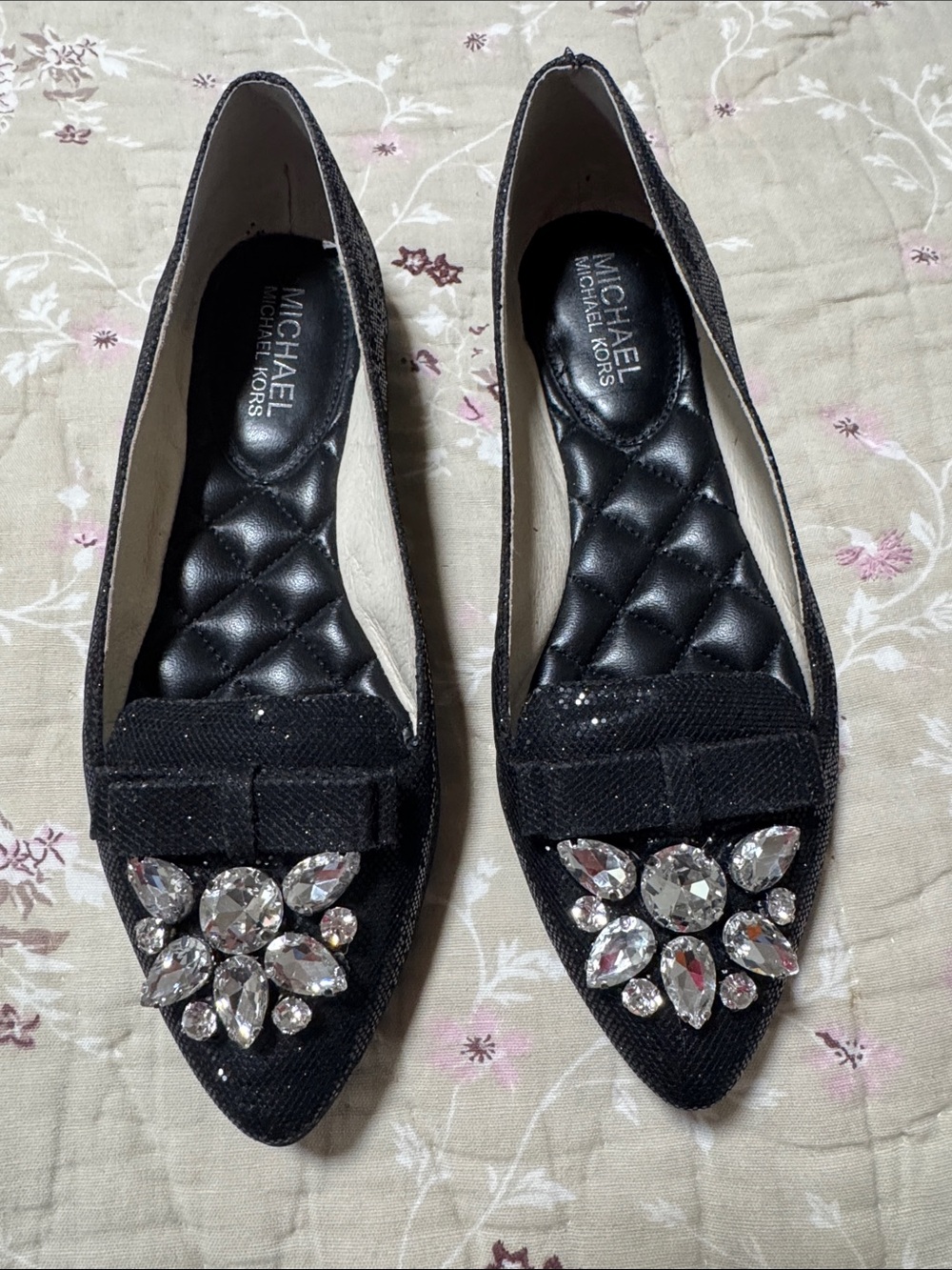 Michael Kors Black Pointed-Toe Flats with Crystal Embellishment